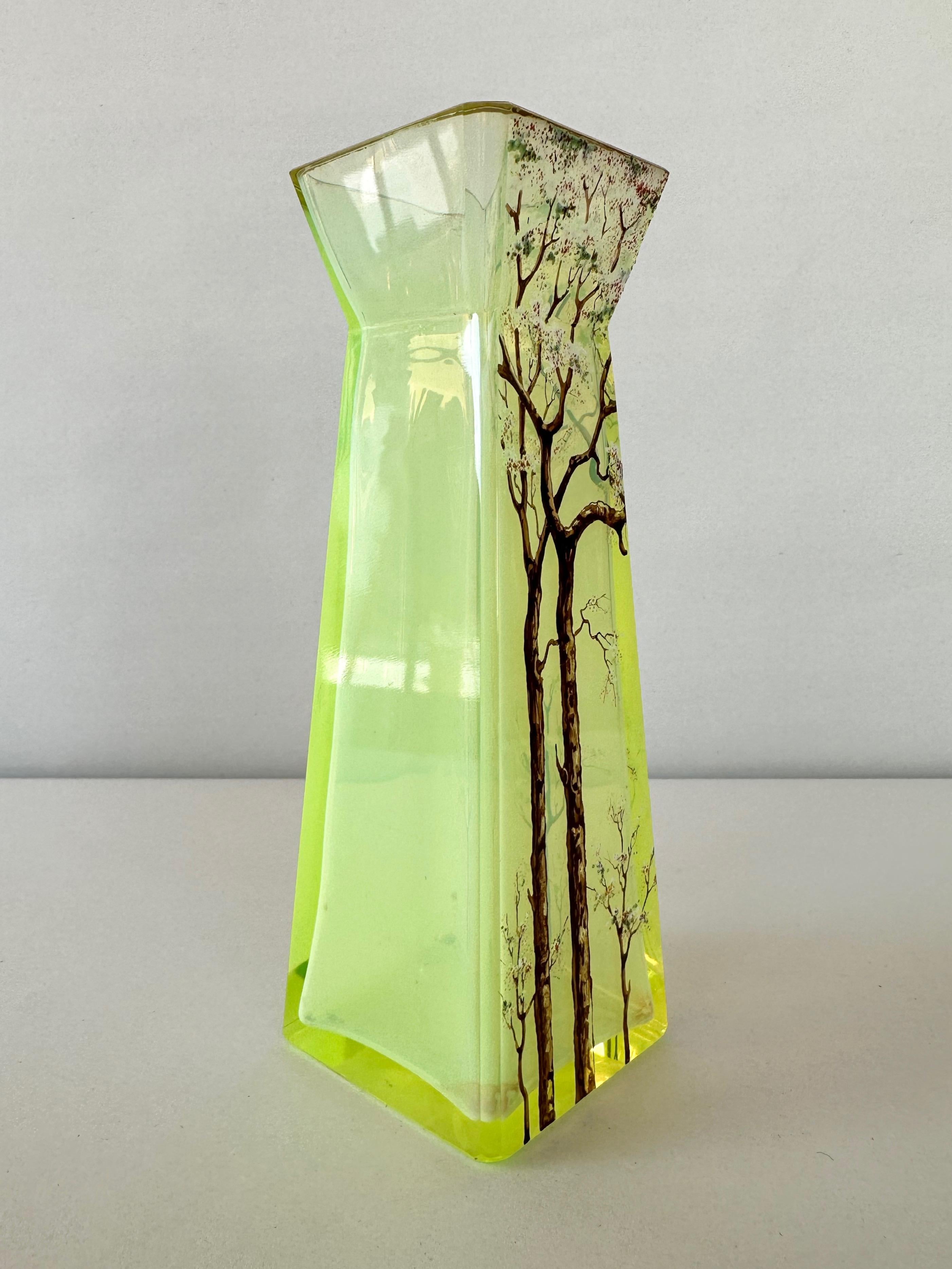 European Daum-Style Cherry Tree Motif Hand-Painted Vaseline Glass Vase, circa 1900