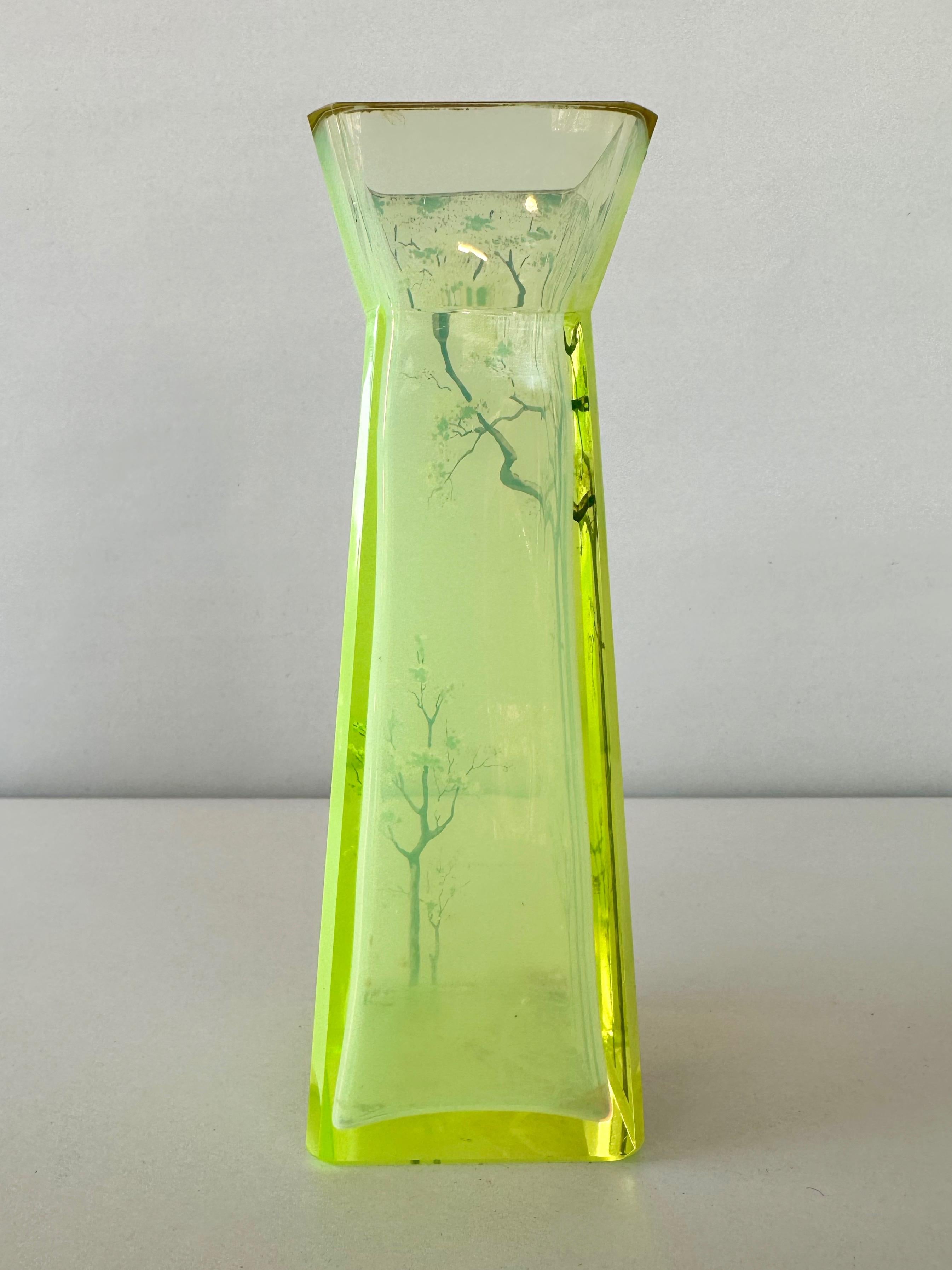 Early 20th Century Daum-Style Cherry Tree Motif Hand-Painted Vaseline Glass Vase, circa 1900