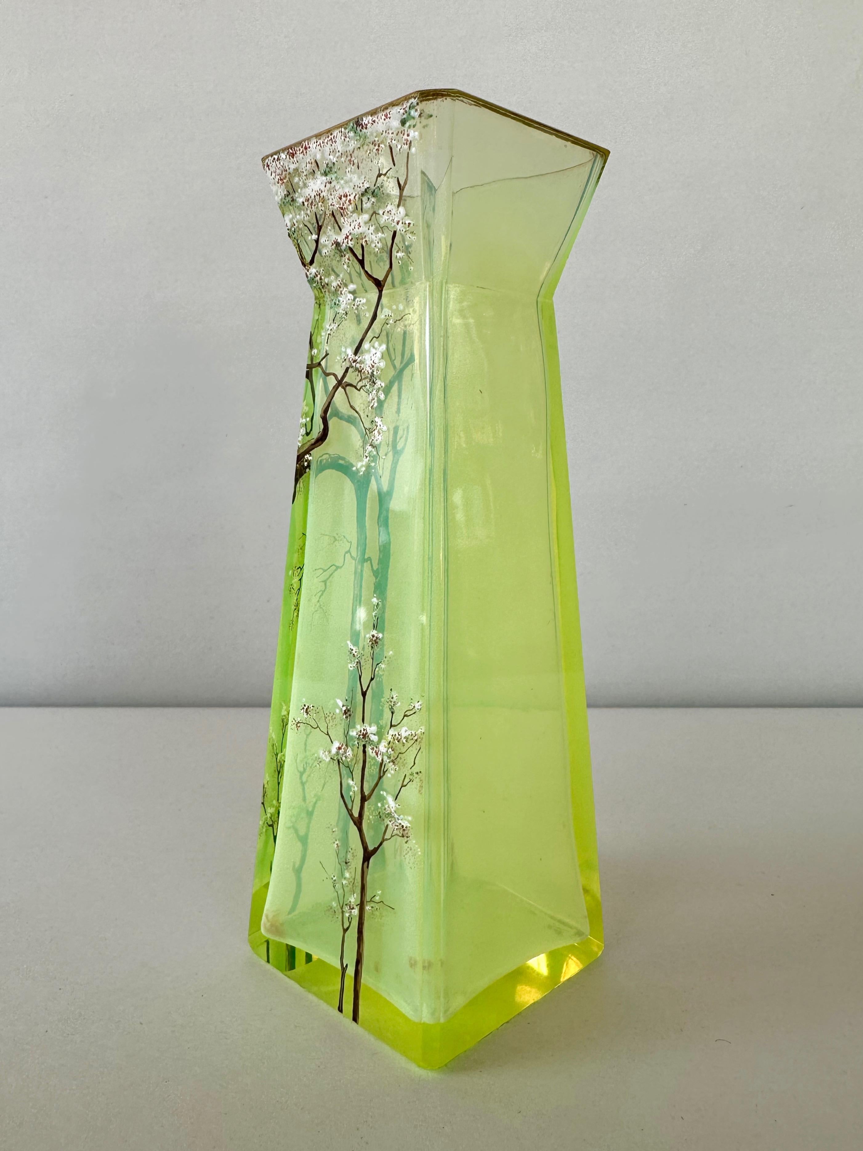 Daum-Style Cherry Tree Motif Hand-Painted Vaseline Glass Vase, circa 1900 2