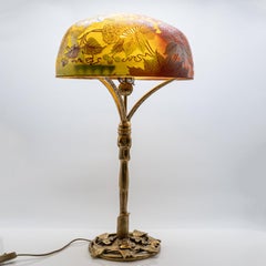 Tischlampe im Daum-Stil, Bronze, mehrfarbiges Glas mit Blumenmuster, Frankreich