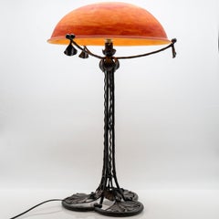 Daum Table Lamp Iron Leafs Amber Crystal Glass, France