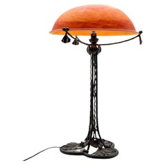 Daum Table Lamp Iron Leafs Amber Crystal Glass, France