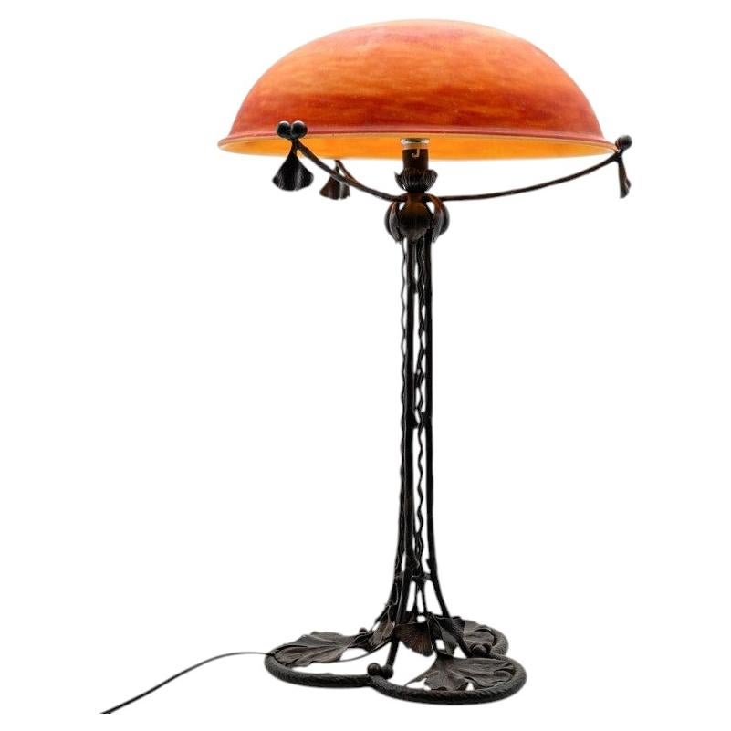 Daum Table Lamp Iron Leafs Amber Crystal Glass, France For Sale