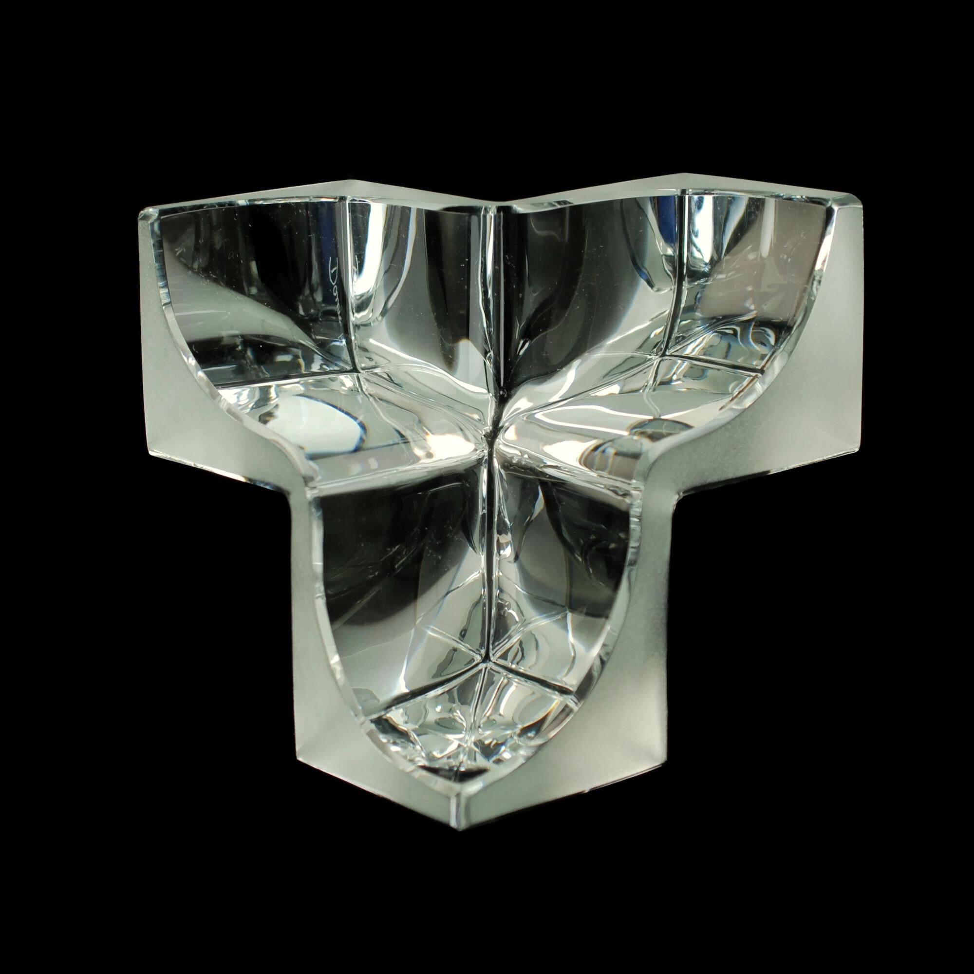 Daum Three Section Cubist Clear and Frosted Crystal Vide Poche Bowl For Sale 2