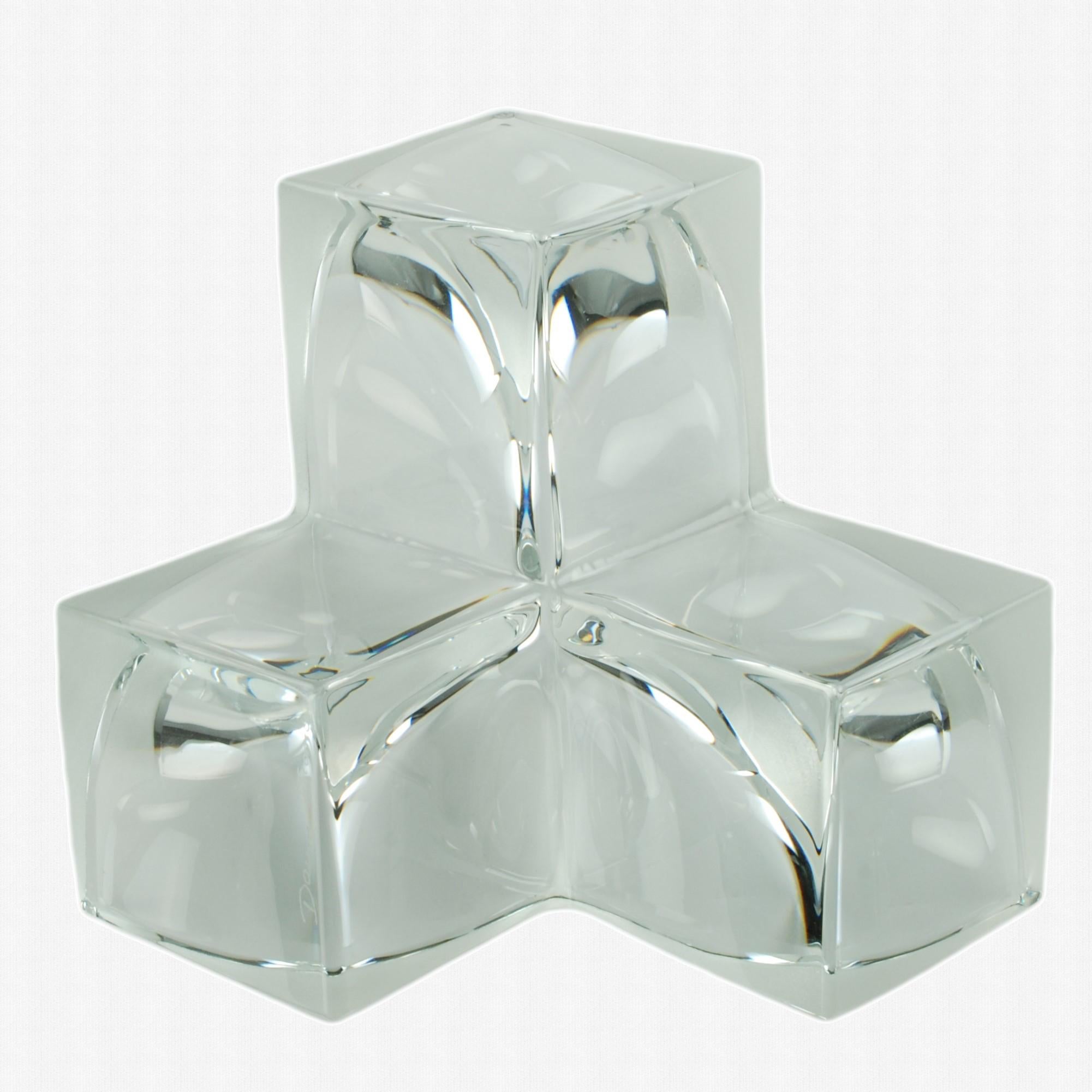 Modern Daum Three Section Cubist Clear and Frosted Crystal Vide Poche Bowl For Sale