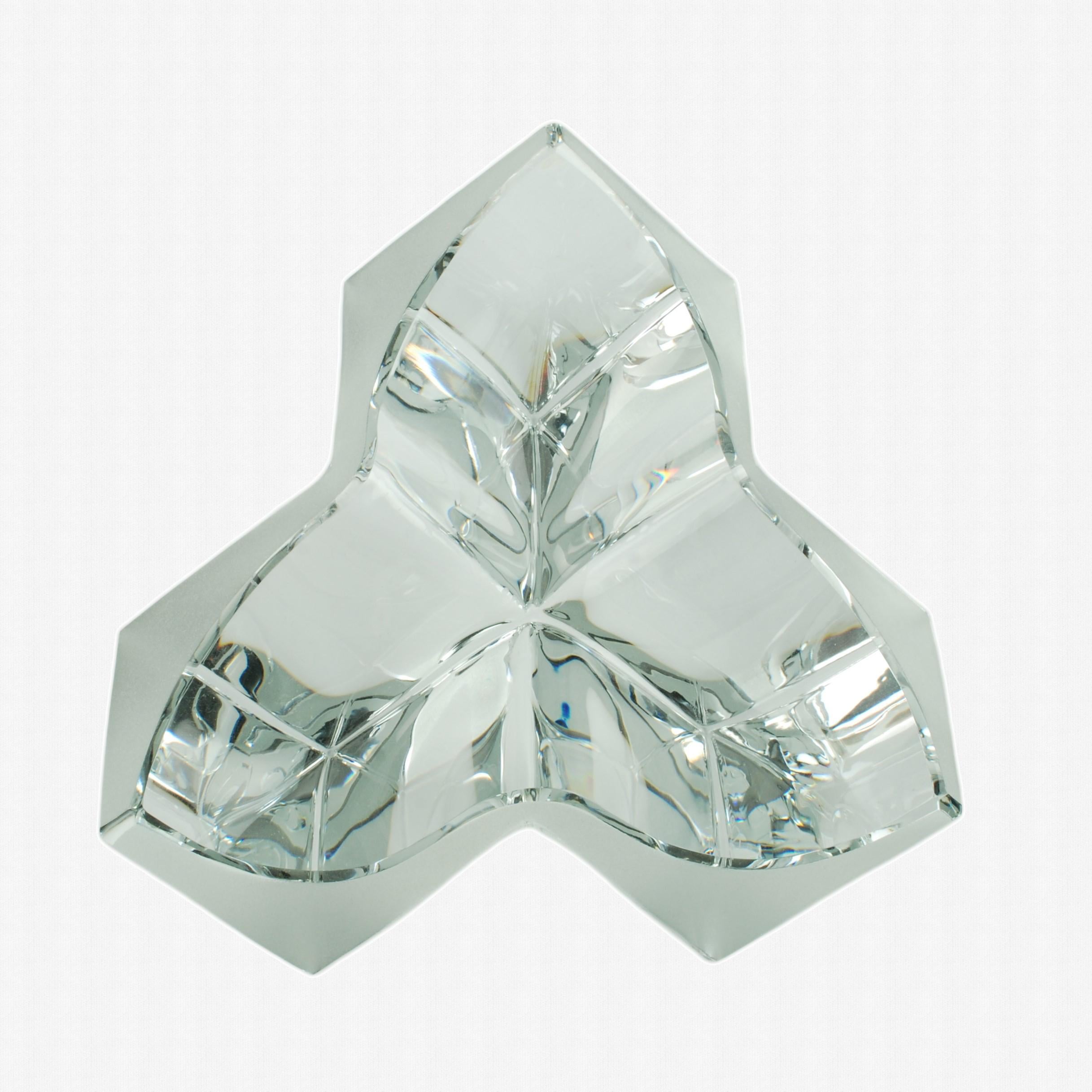 French Daum Three Section Cubist Clear and Frosted Crystal Vide Poche Bowl For Sale