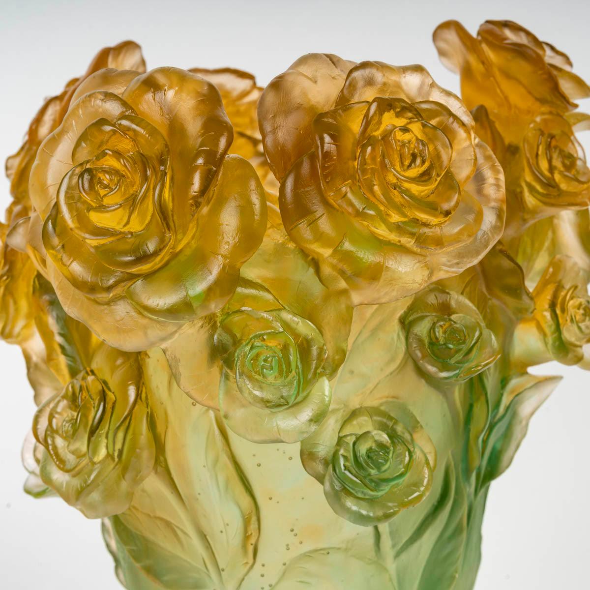 Art Deco Daum Vase, Roses Green and Amber Model, 20th Century.