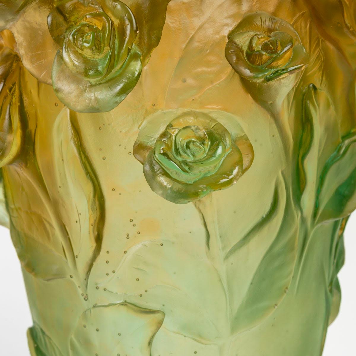 French Daum Vase, Roses Green and Amber Model, 20th Century.