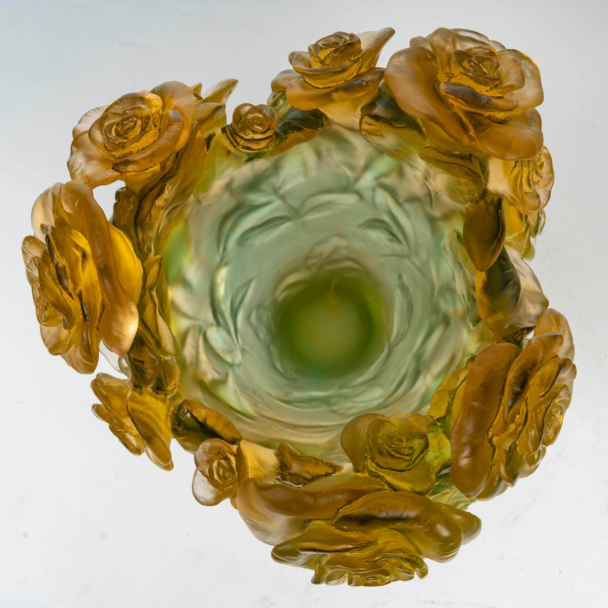 Glass Daum Vase, Roses Green and Amber Model, 20th Century.