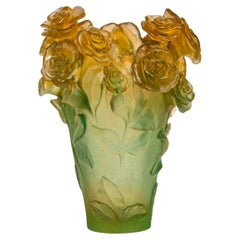 Vintage Daum Vase, Roses Green and Amber Model, 20th Century.