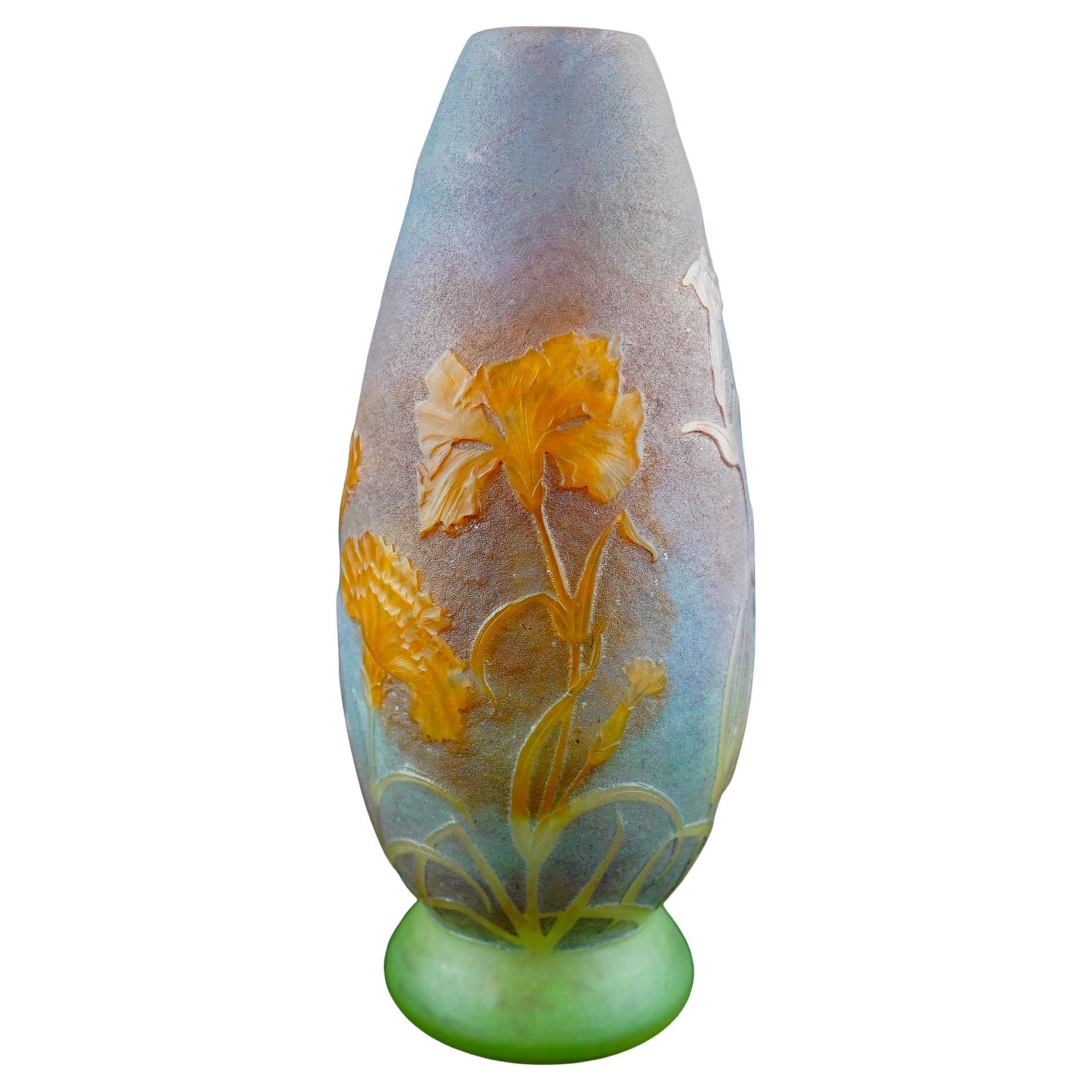 Daum Wheel Carved and Vitrified Glass Carnations Vase