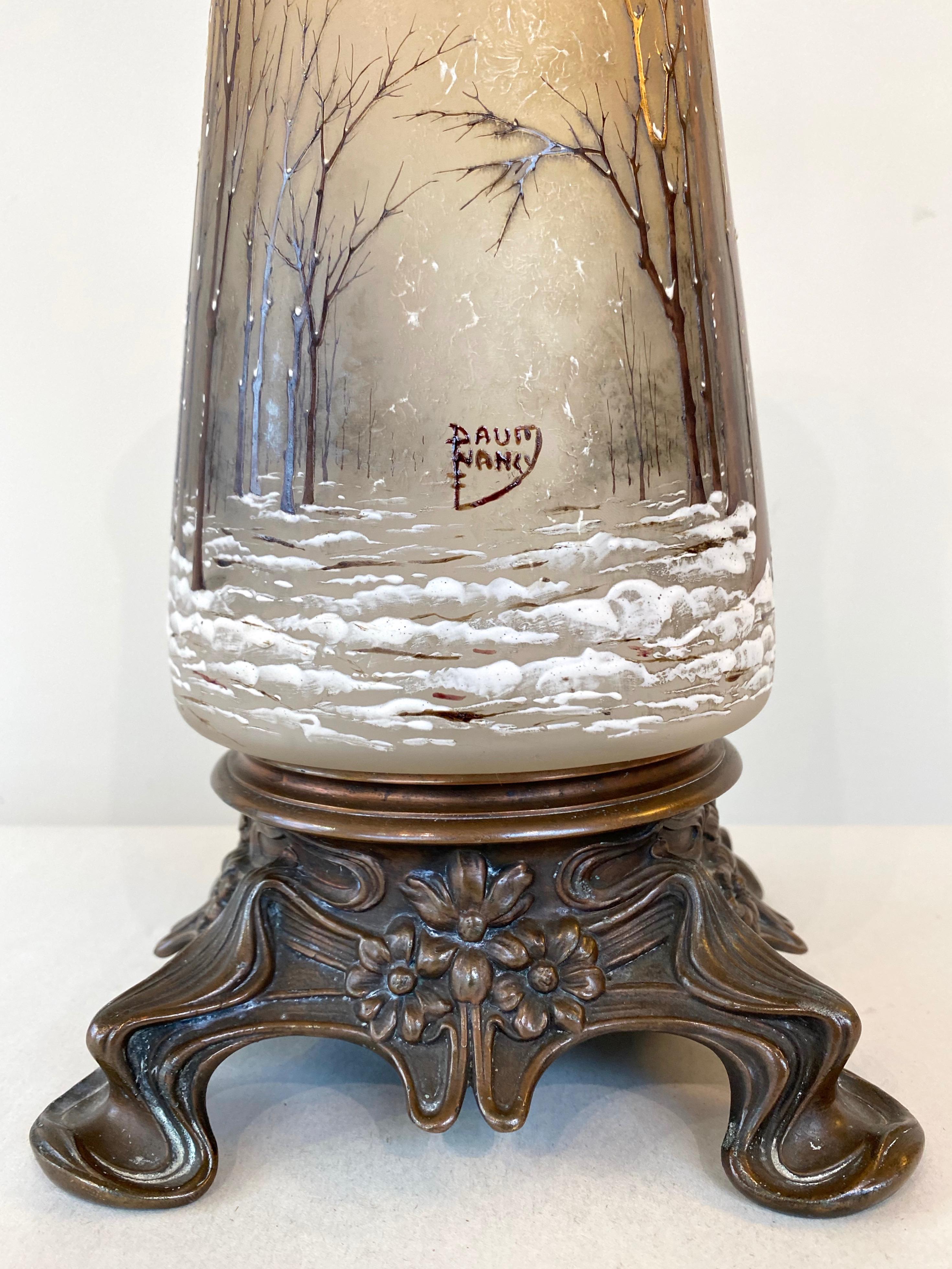 Daum “Winter Scene” Vase or Lamp Body on Art Nouveau Bronze Base, circa 1900 6