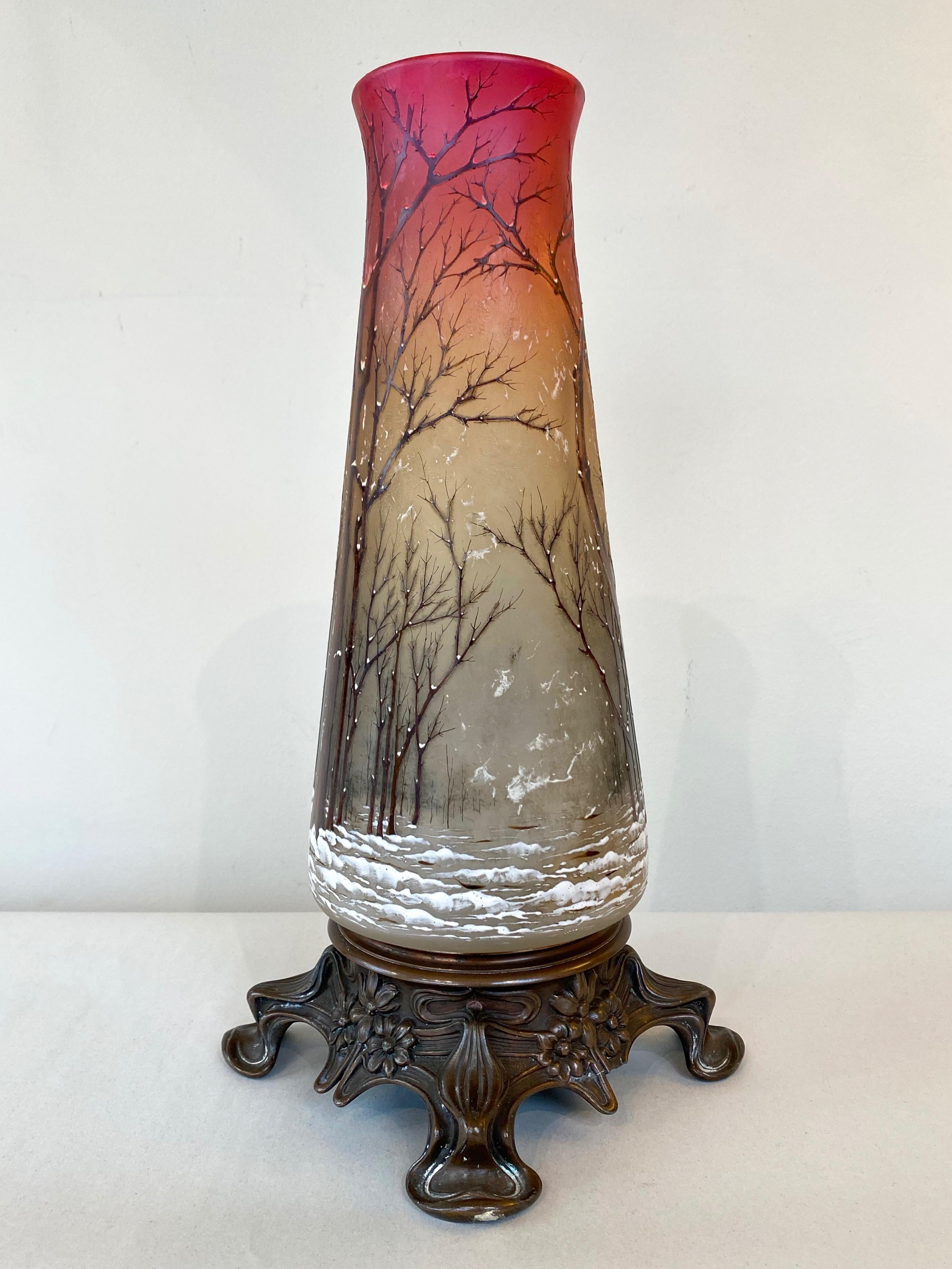 French Daum “Winter Scene” Vase or Lamp Body on Art Nouveau Bronze Base, circa 1900