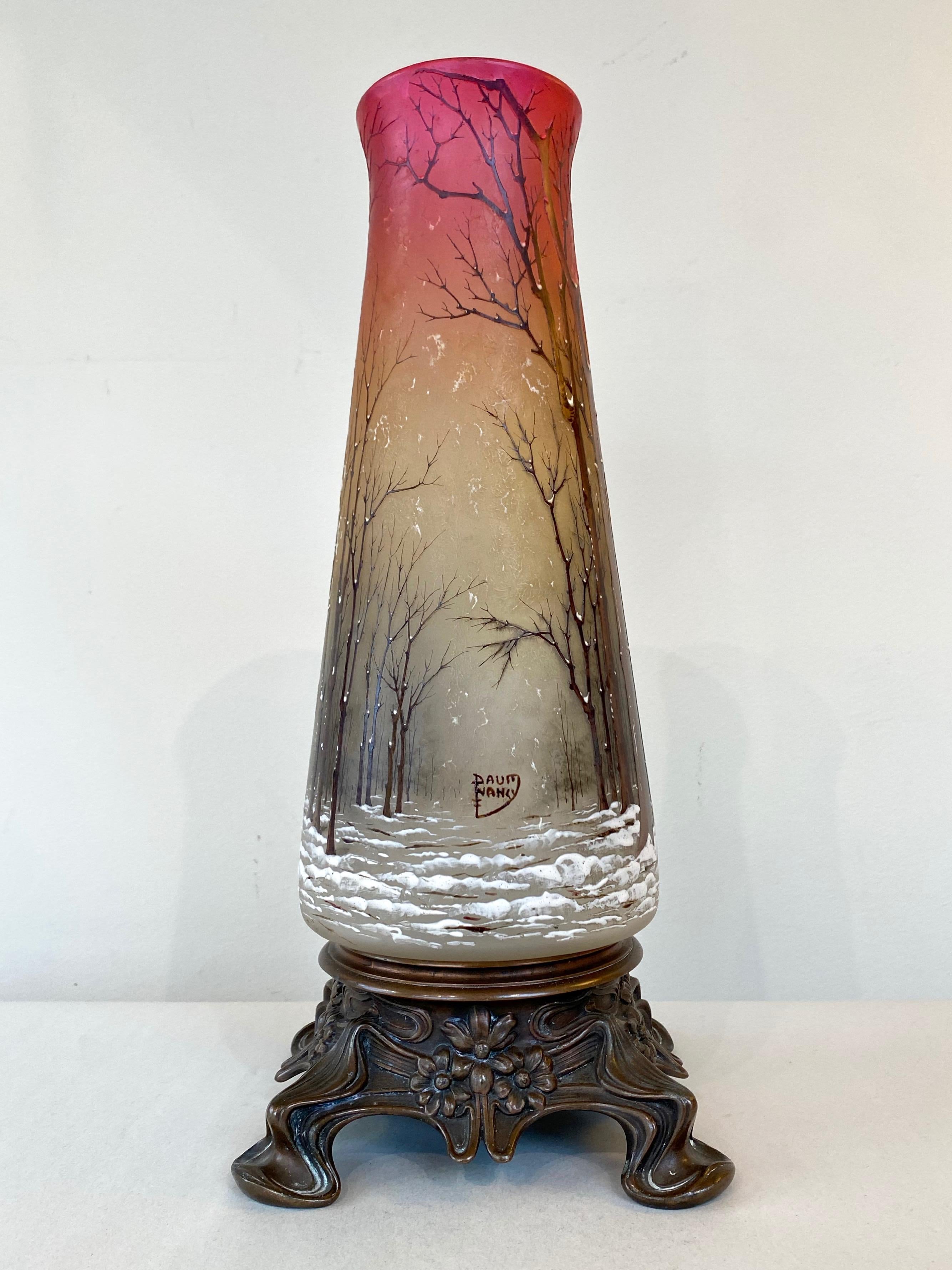Daum “Winter Scene” Vase or Lamp Body on Art Nouveau Bronze Base, circa 1900 3