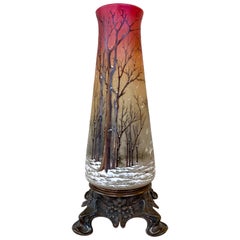 Daum “Winter Scene” Vase or Lamp Body on Art Nouveau Bronze Base, circa 1900