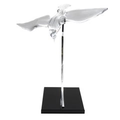 Statue de mouette en cristal sur cadre en acier inoxydable, « La Mouette » de Daume France, milieu du siècle dernier