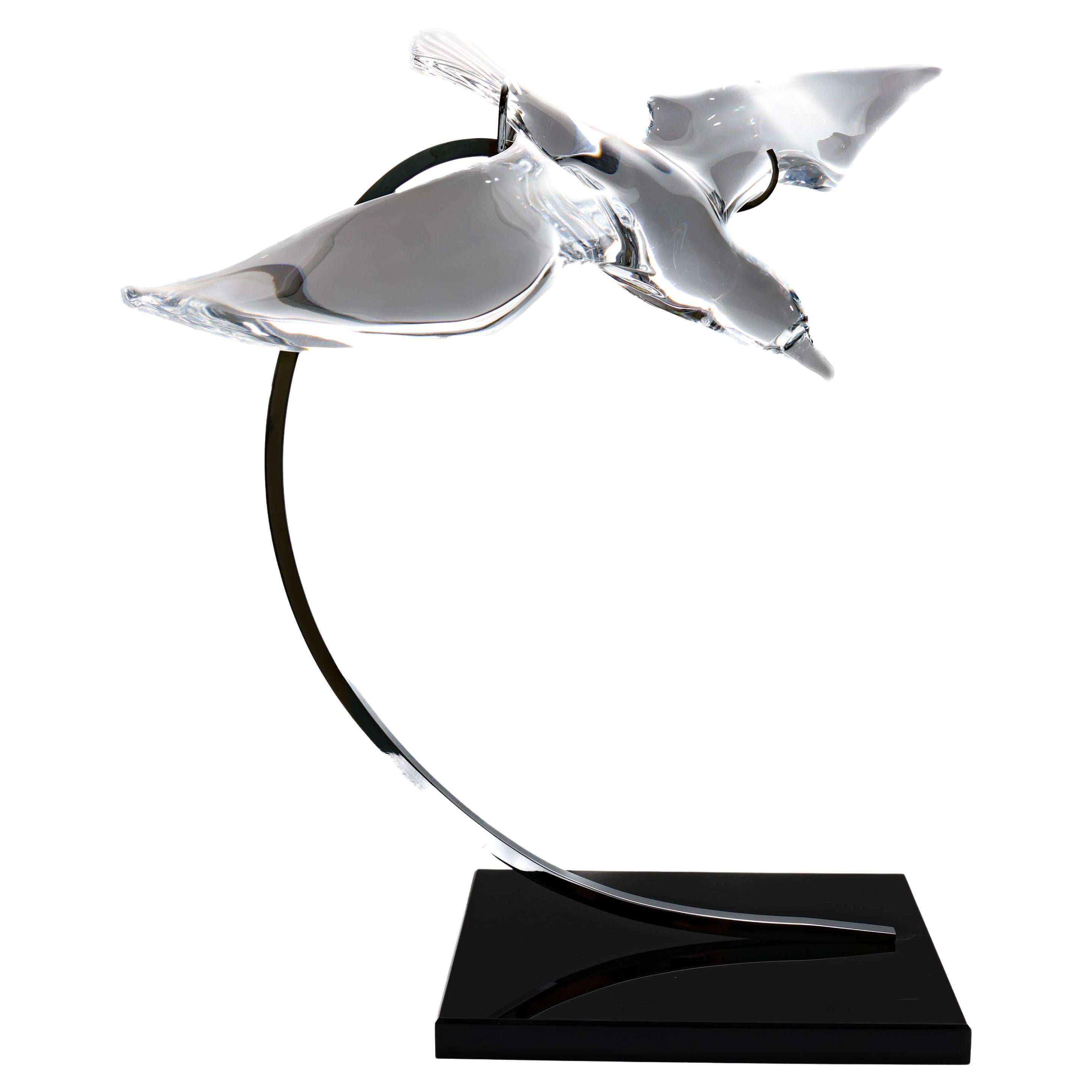 Crystal Seagull Statue on Stainless Frame, Midcentury Daume France "La Mouette" 