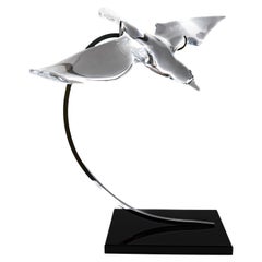 Retro Crystal Seagull Statue on Stainless Frame, Midcentury Daume France "La Mouette" 