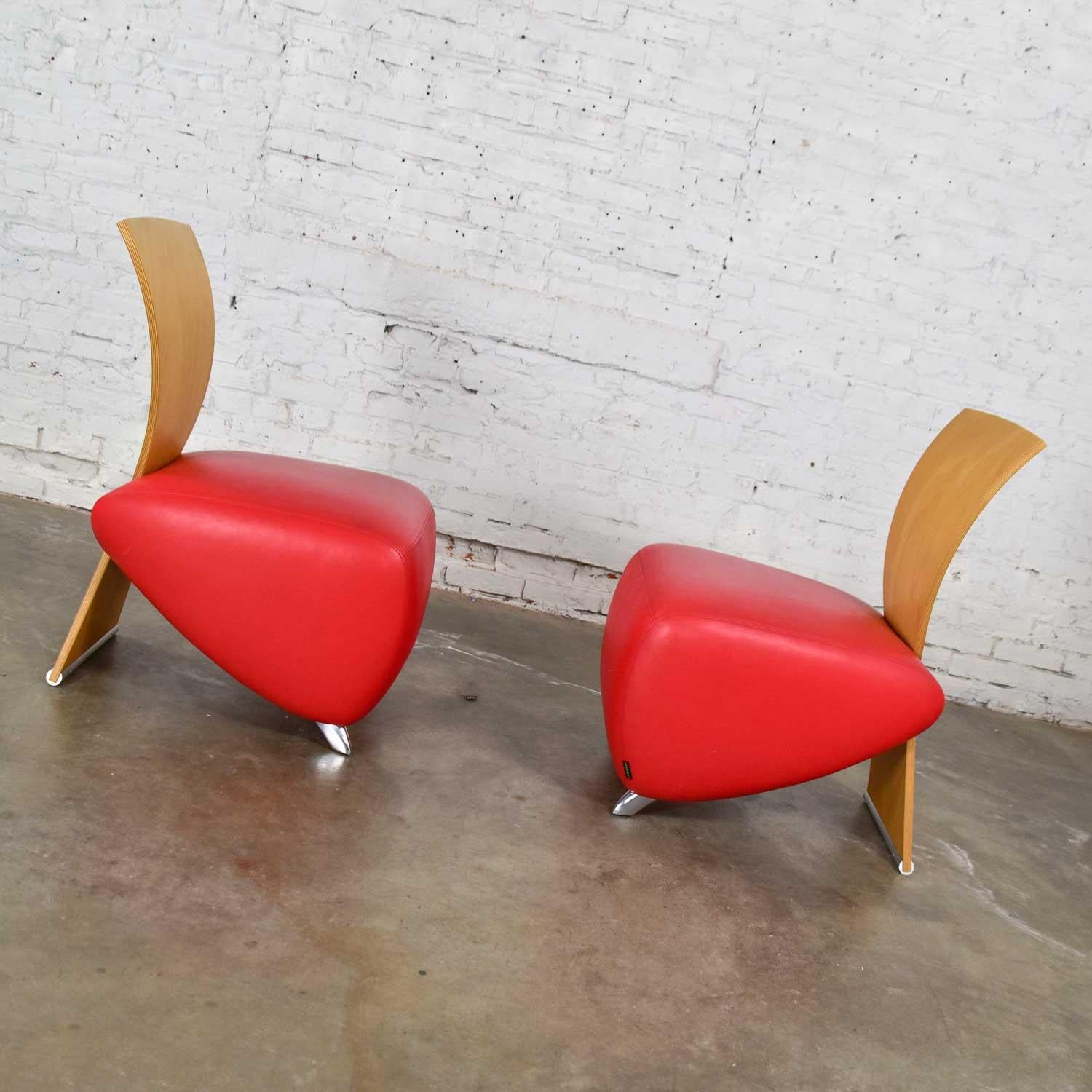 Dauphin BOBO Postmodern Accent Chairs by Dietmar Sharping Red Leather and Maple For Sale 2