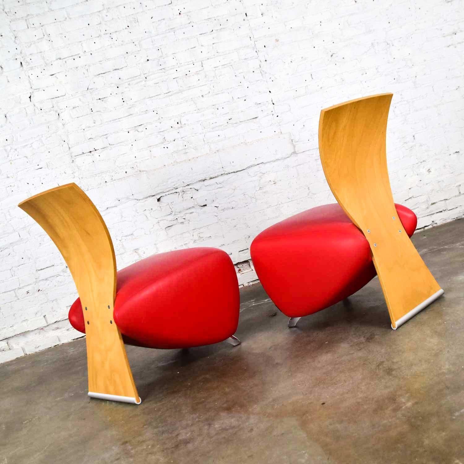 Polished Dauphin BOBO Postmodern Accent Chairs by Dietmar Sharping Red Leather and Maple For Sale