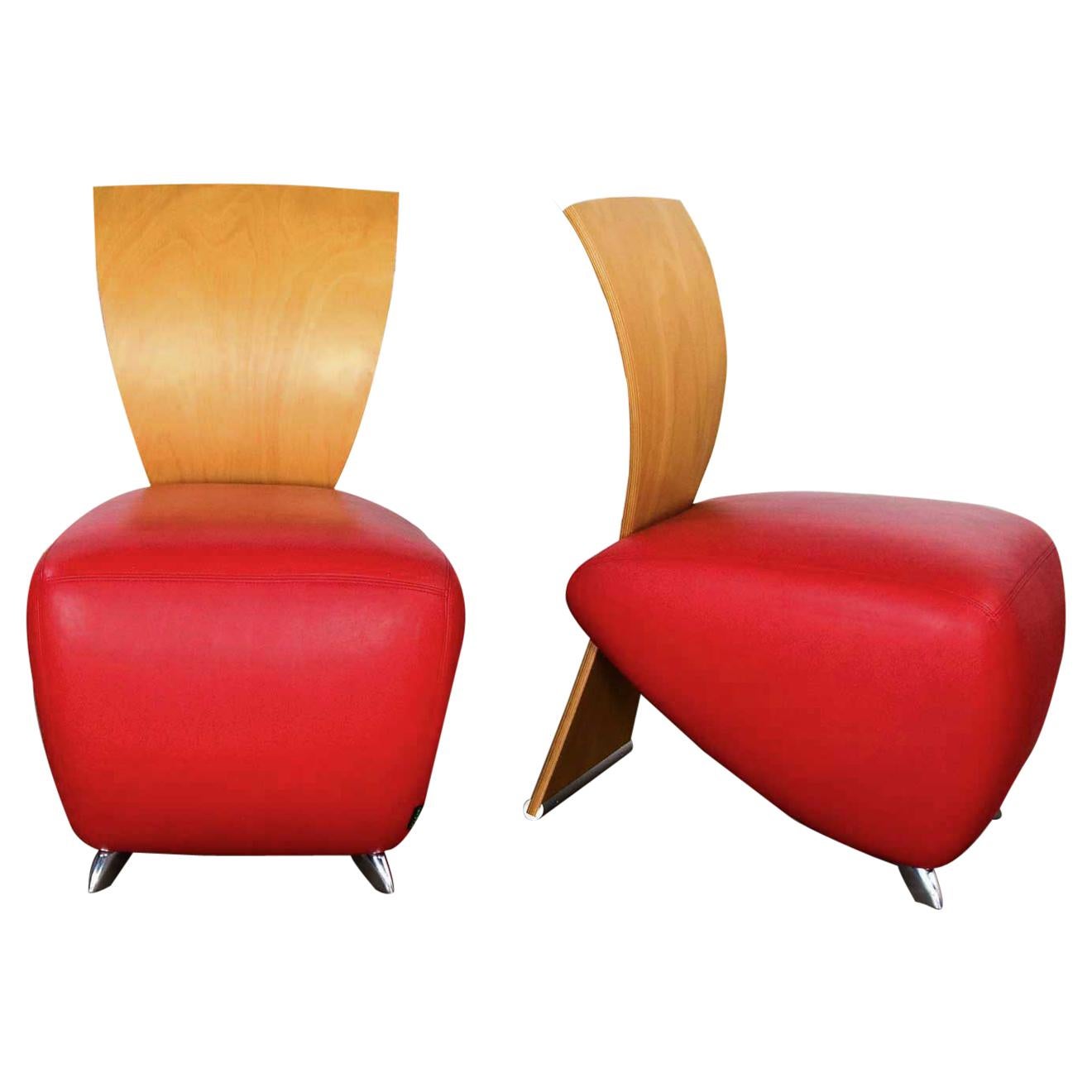 Dauphin BOBO Postmodern Accent Chairs by Dietmar Sharping Red Leather and Maple