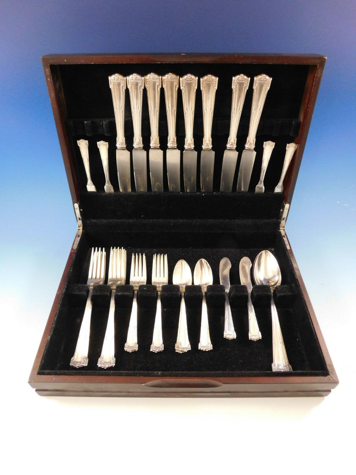 Art Deco Dinner Size Dauphine by Wallace sterling silver Flatware set, 42 pieces. This set includes:

8 Dinner Size Knives, 9 1/2