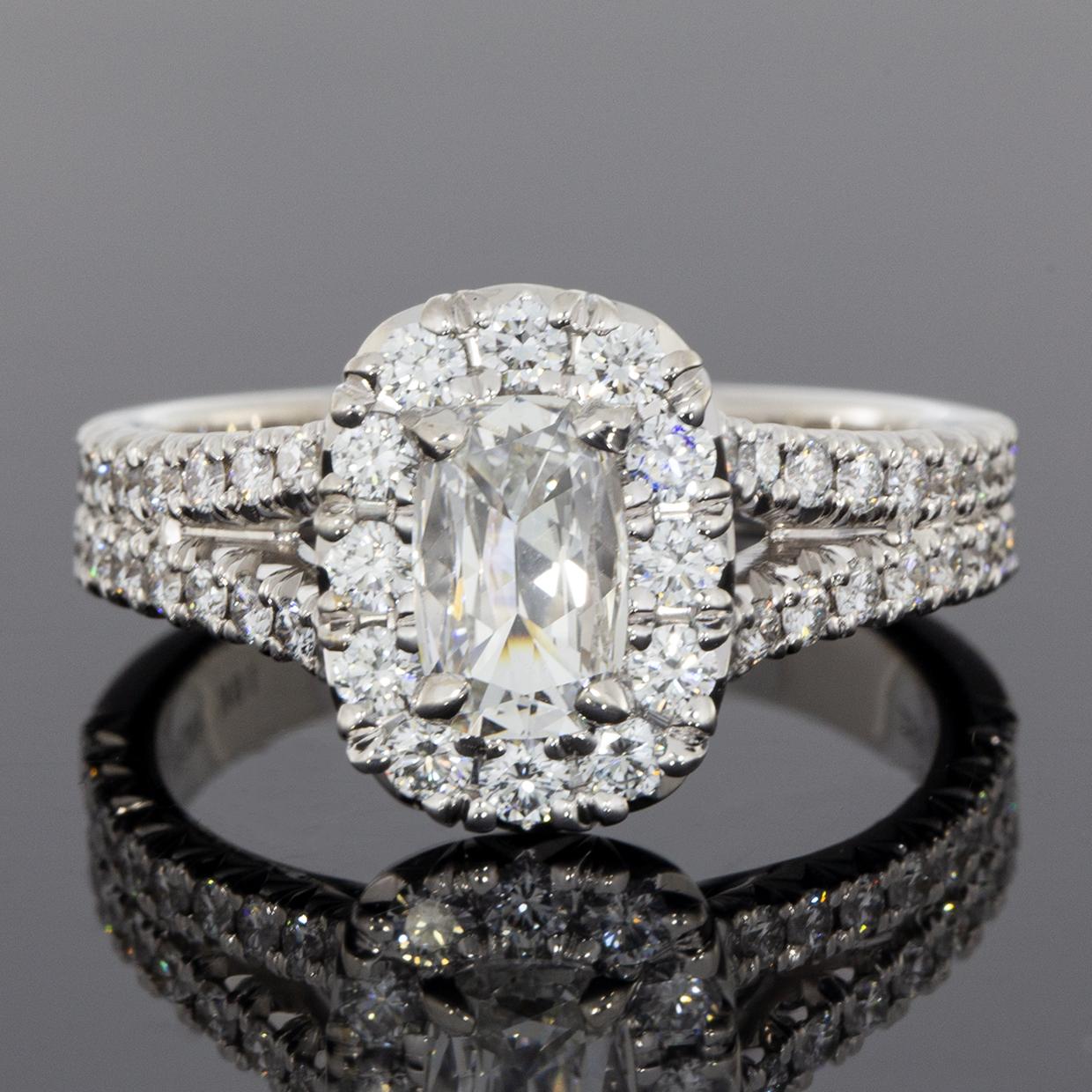 Daussi White Gold 1.26 Carat Cushion Diamond Halo Engagement Ring In Excellent Condition In Columbia, MO