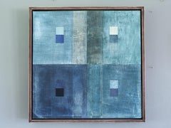 Contemporary British Mixed Media Mini Painting - Geometric Collage in Blues
