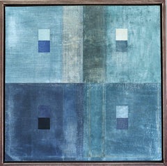 Contemporary British Mixed Media Mini Painting - Geometric Collage in Blues