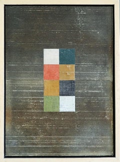 Contemporary British Mixed Media Mini Painting - Geometric Collage in Taupe