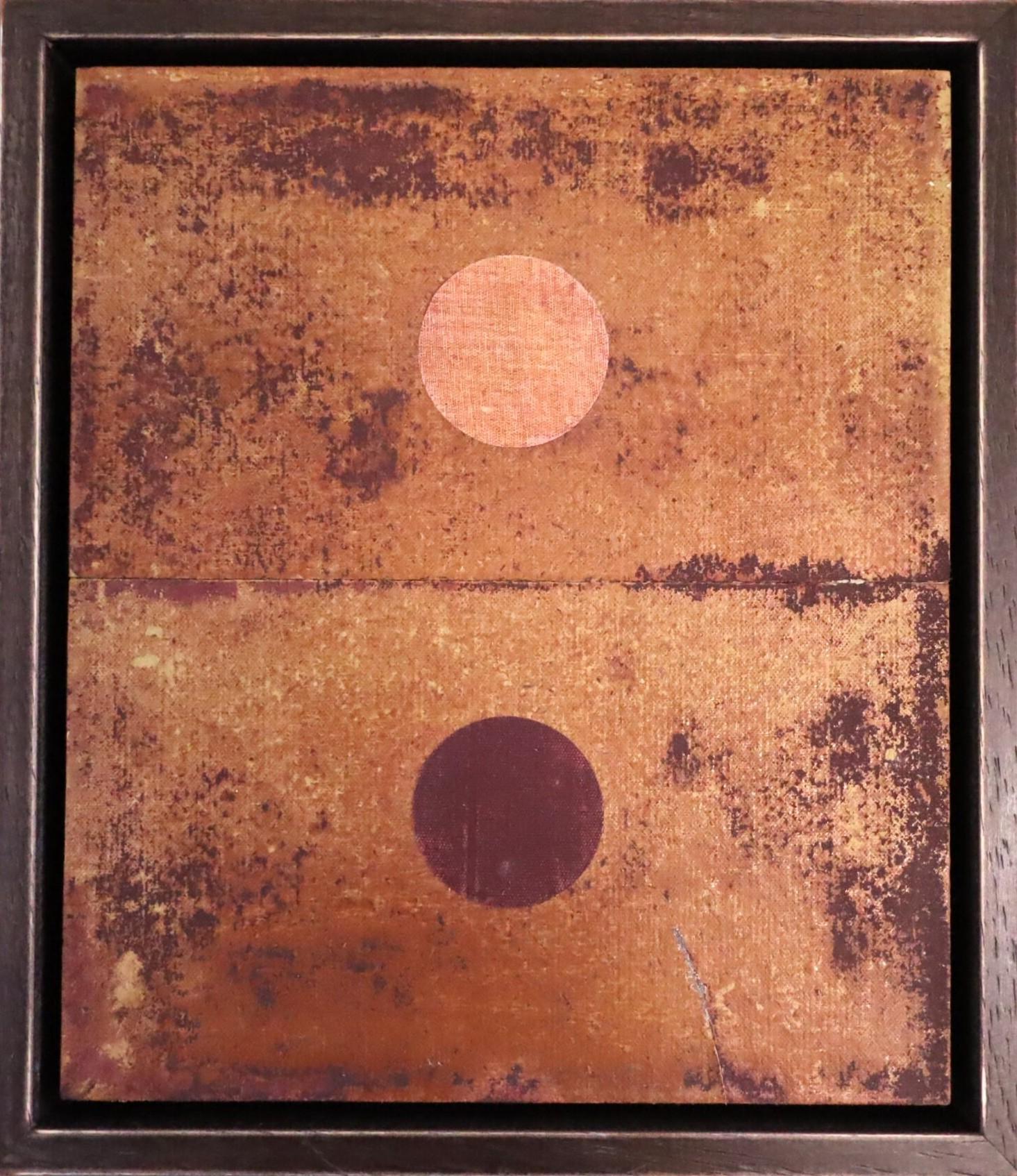 Contemporary Modern Mixed Media Mini Painting - Geometric Collage in Raw Sienna