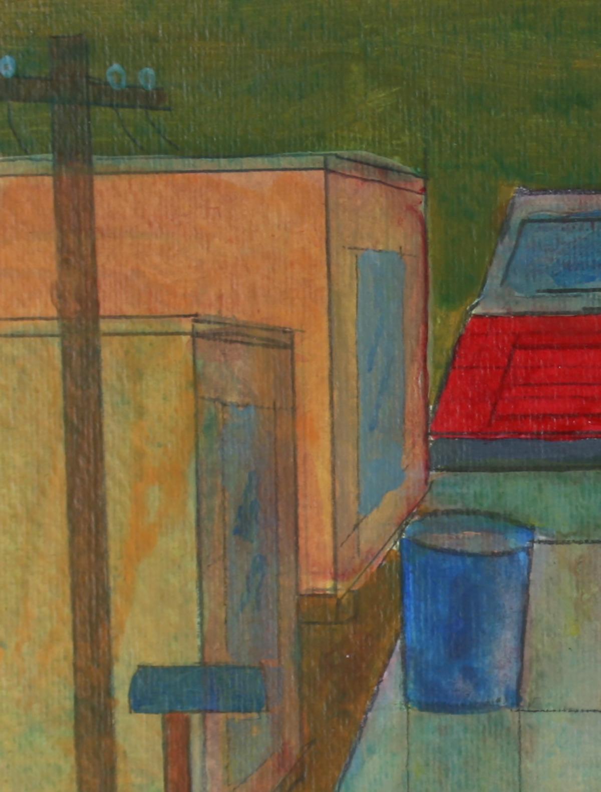 This 2008 acrylic and graphite on paper city scene of a Los Angeles neighborhood with a red car is by Viennese/ Southern California artist Dave Fox (1920-2011). Fox received his BFA, MA and MFA from California State University, Fullerton. He was