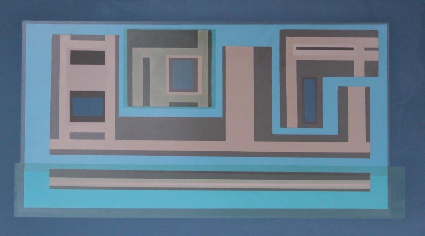 Dave Fox Abstract Print - "Suburbia" 1960s Geometric Serigraph in Blue