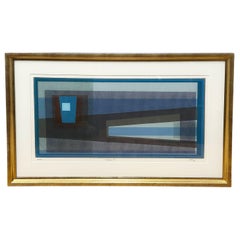 "Vibrant" Blue Horizontal Geometric Abstract in Gold Frame by Dave Fox