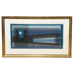 Vintage "Vibrant" Blue Horizontal Geometric Abstract in Gold Frame by Dave Fox