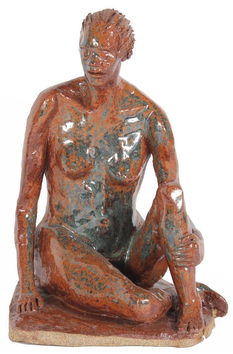 Dave Fox Figurative Sculpture - Clay Sculpture of Seated Nude in Burnt Orange 2001