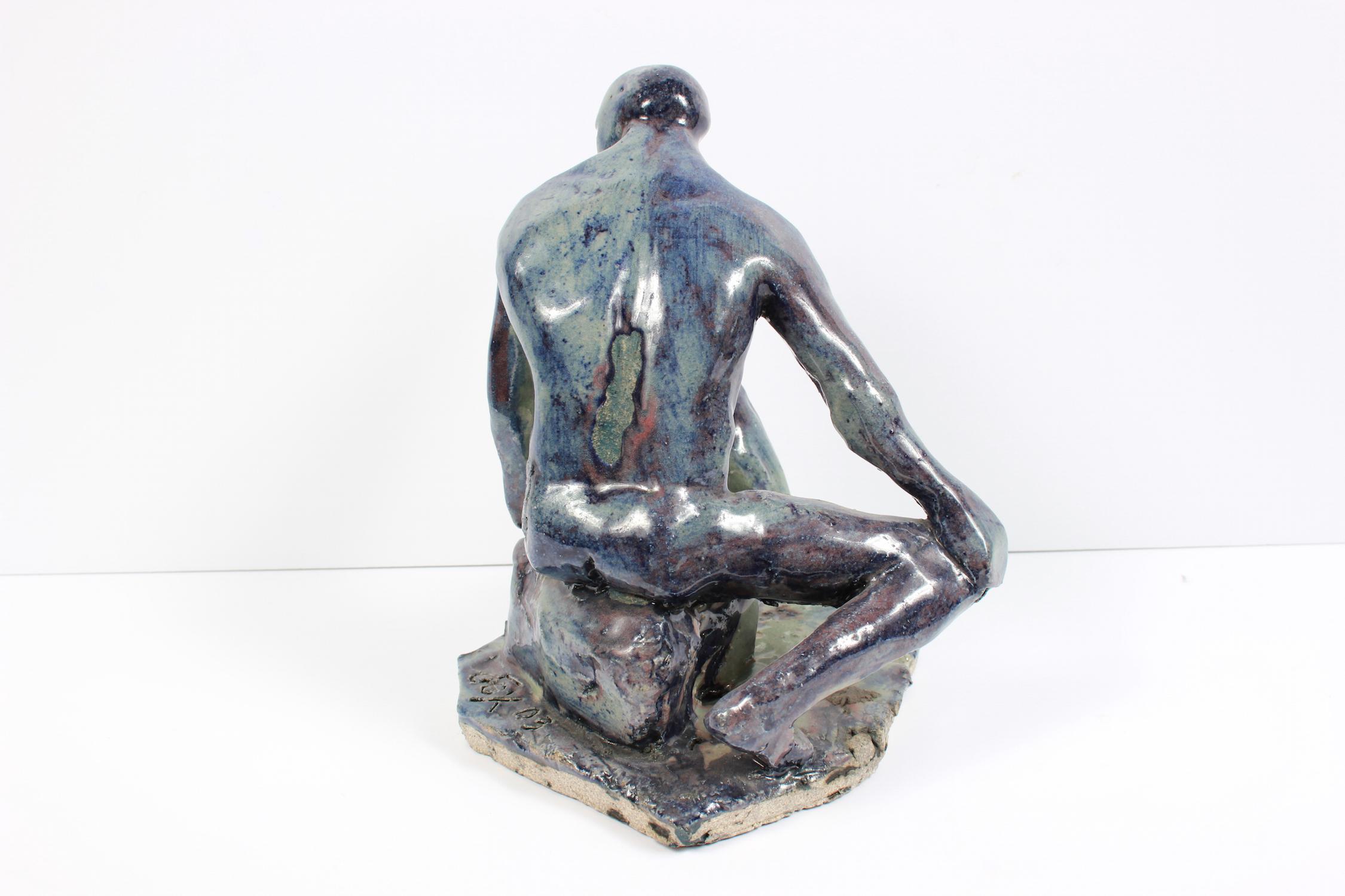 Seated Male Figure Ceramic Sculpture with Blue Purple Moss Green Gray and Brown For Sale 1