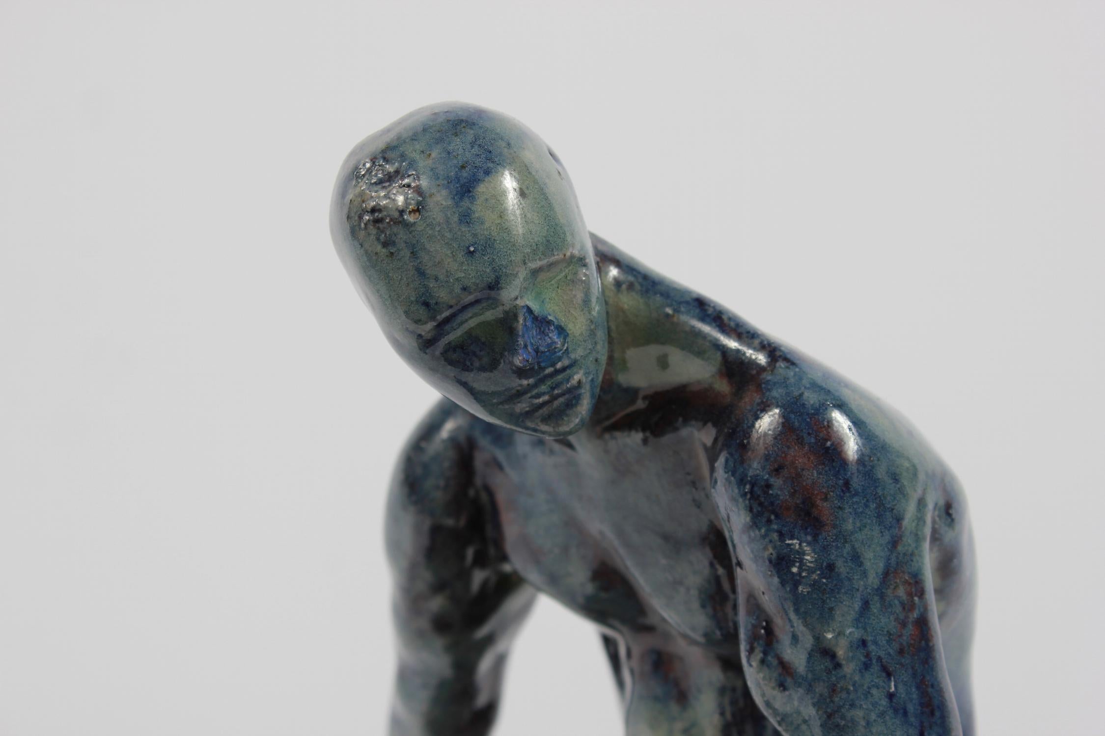 Seated Male Figure Ceramic Sculpture with Blue Purple Moss Green Gray and Brown For Sale 2