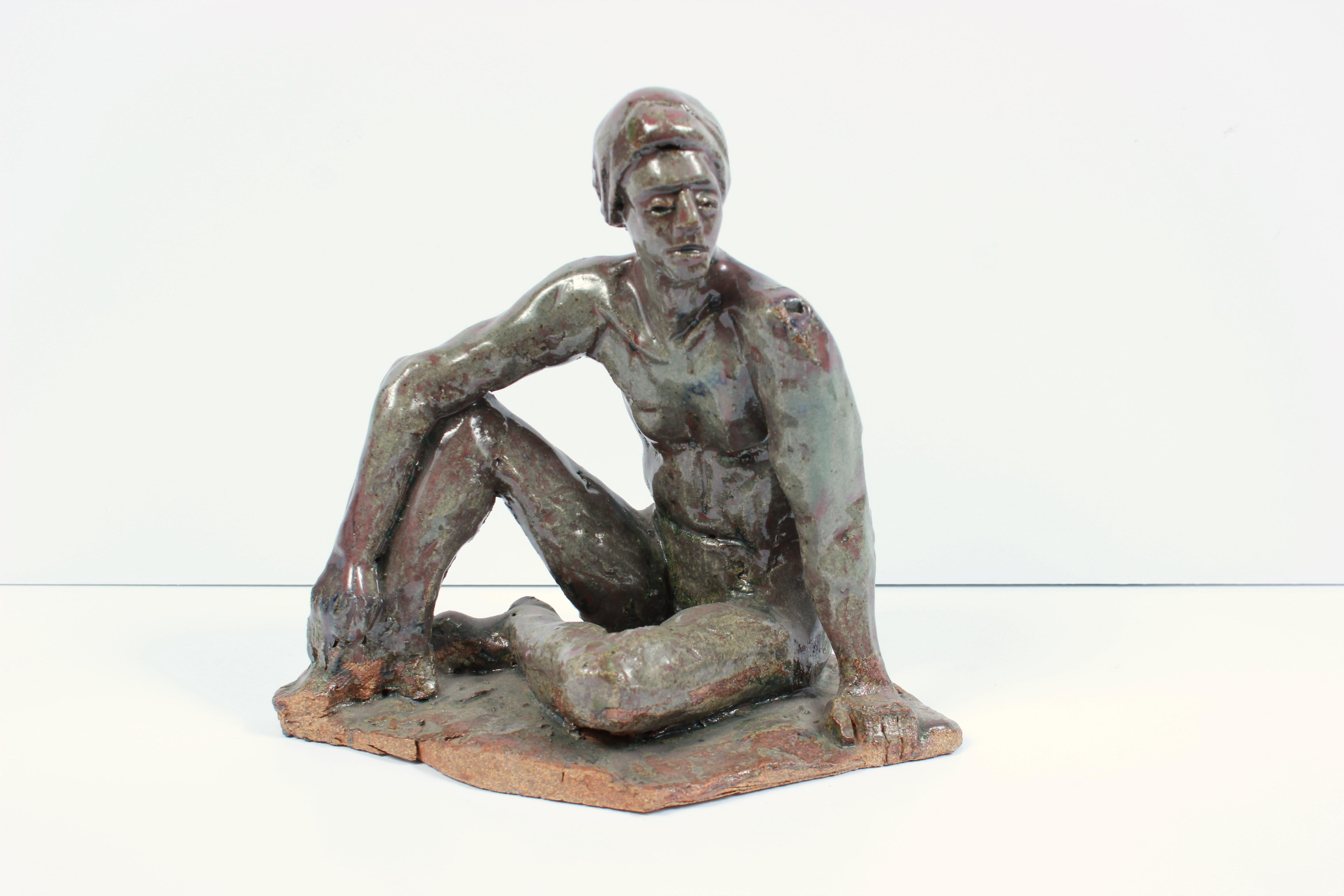 Dave Fox Nude Sculpture - Seated Male Figure Ceramic Sculpture with Turquoise, Gray and Brown