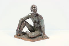 Seated Male Figure Ceramic Sculpture with Turquoise, Gray and Brown