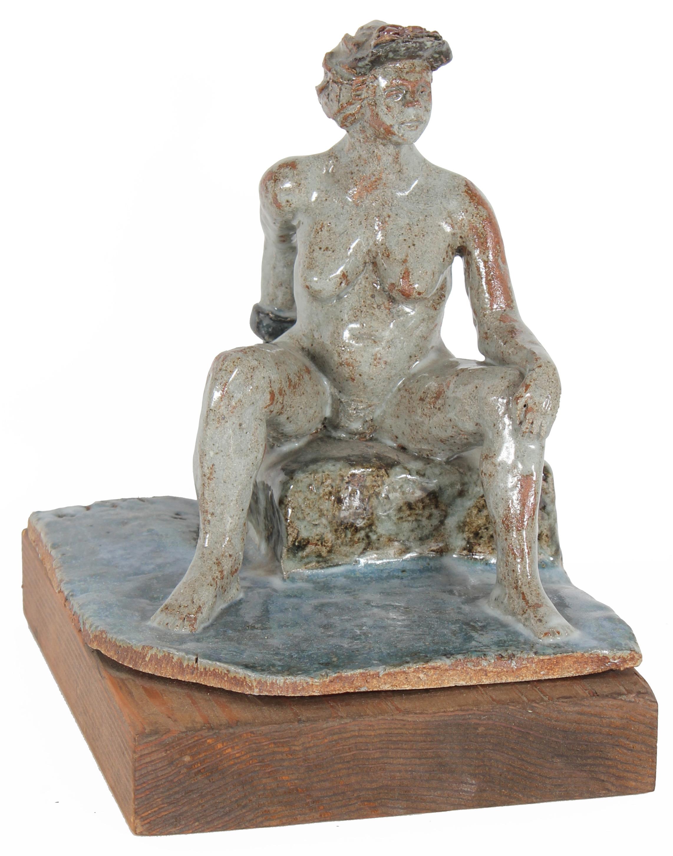 Dave Fox Figurative Sculpture - Seated Nude Female Figure Ceramic Sculpture with Turquoise, Gray and Brown