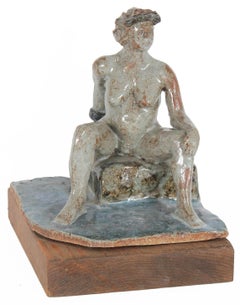Seated Nude Female Figure Ceramic Sculpture with Turquoise, Gray and Brown