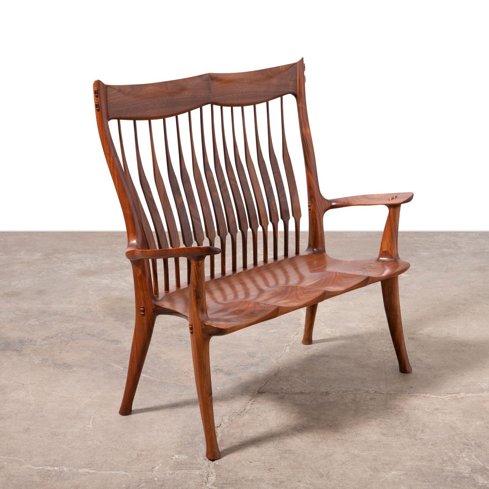 Dave Hentzel Studio-Crafted Claro Walnut Two-Seater Bench with Sculptural Back en venta 8