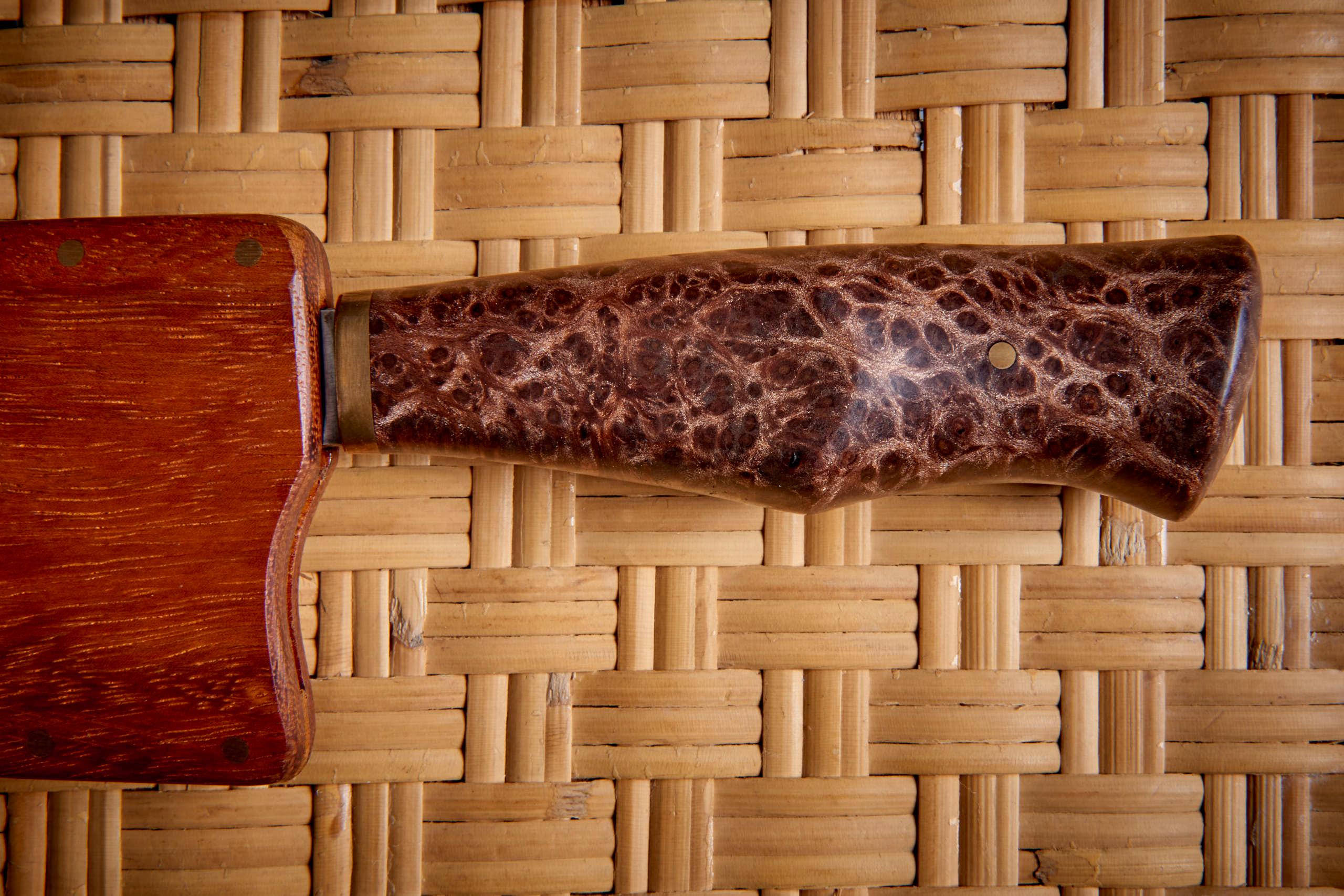 Dave Jacobson Knife with Handle made in Redwood Burl and Knife Sheath in Teak, USA - 2023. We have another Dave Jacobson knife, made with a Hickory handle.