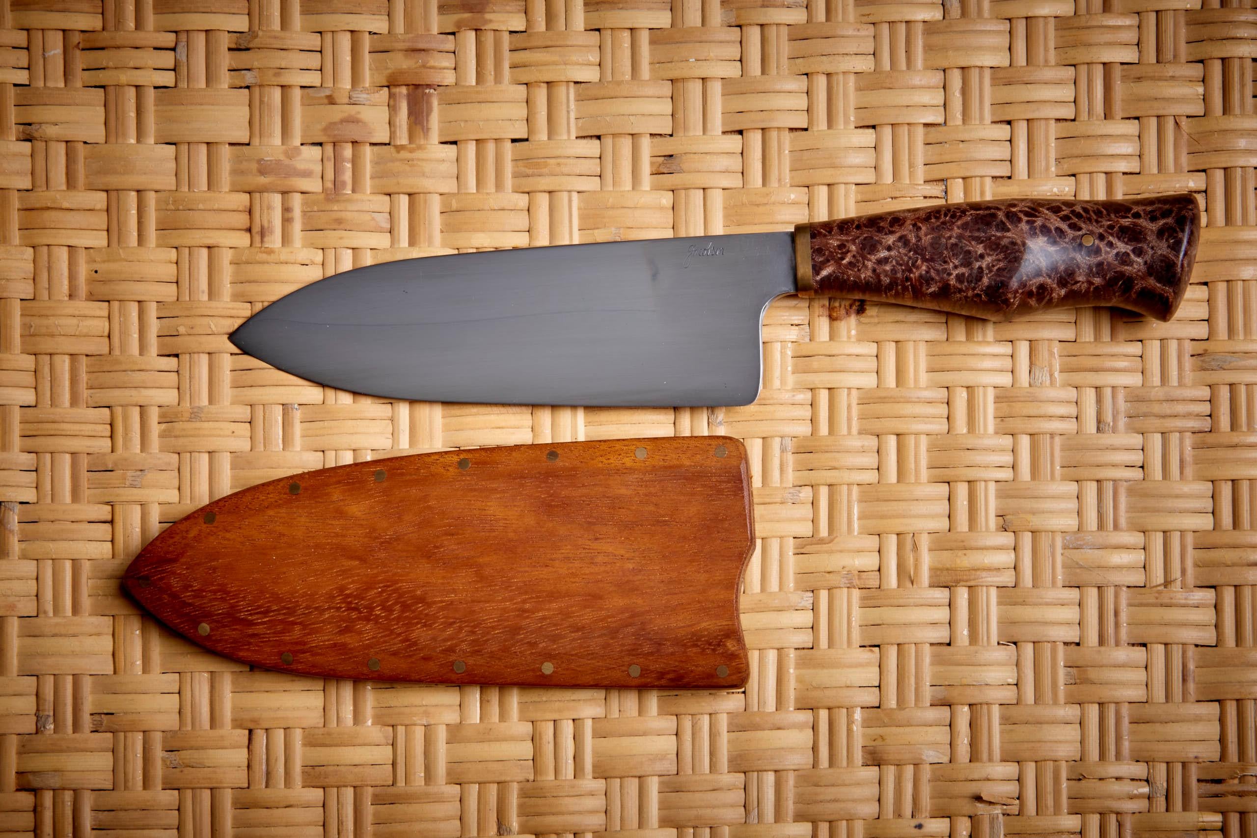 American Dave Jacobson Knife with Redwood Burl Handle and Teak Knife Sheath, USA - 2023 For Sale