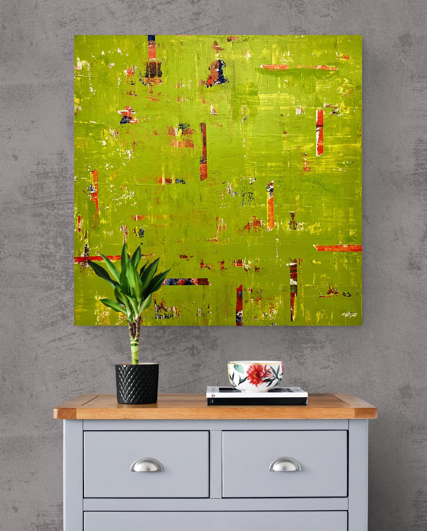 Grande quadro astratto su tela di colore verde brillante 