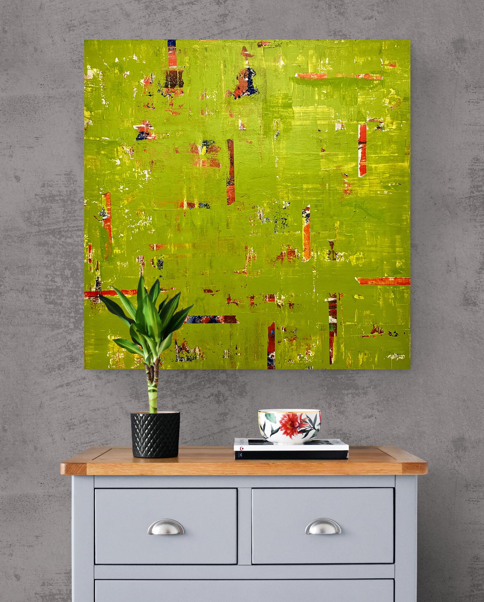 Large Bright Green Abstract Acrylic Painting on Canvas 