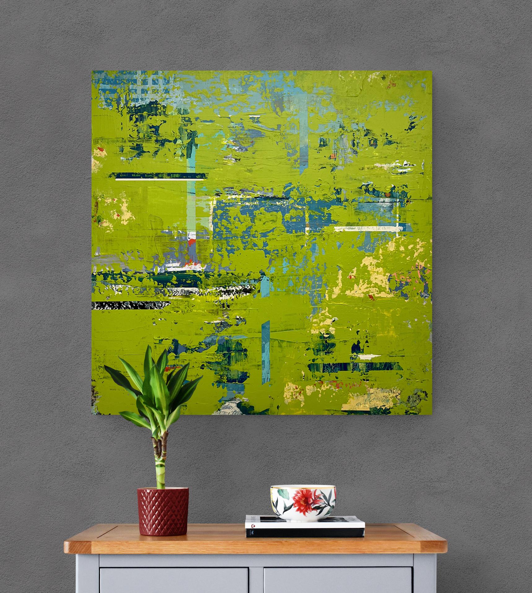 Großes leuchtend grünes abstraktes Acrylgemälde auf Leinwand „ Finding Resonance“ (Zeitgenössisch), Mixed Media Art, von Dave Robertson