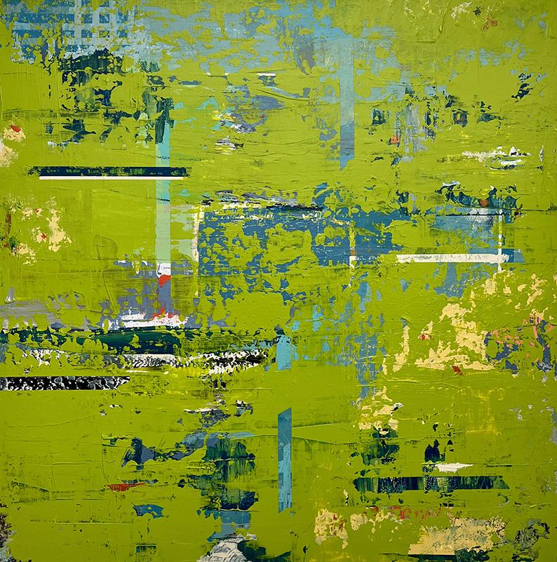 Großes leuchtend grünes abstraktes Acrylgemälde auf Leinwand „ Finding Resonance“ – Mixed Media Art von Dave Robertson