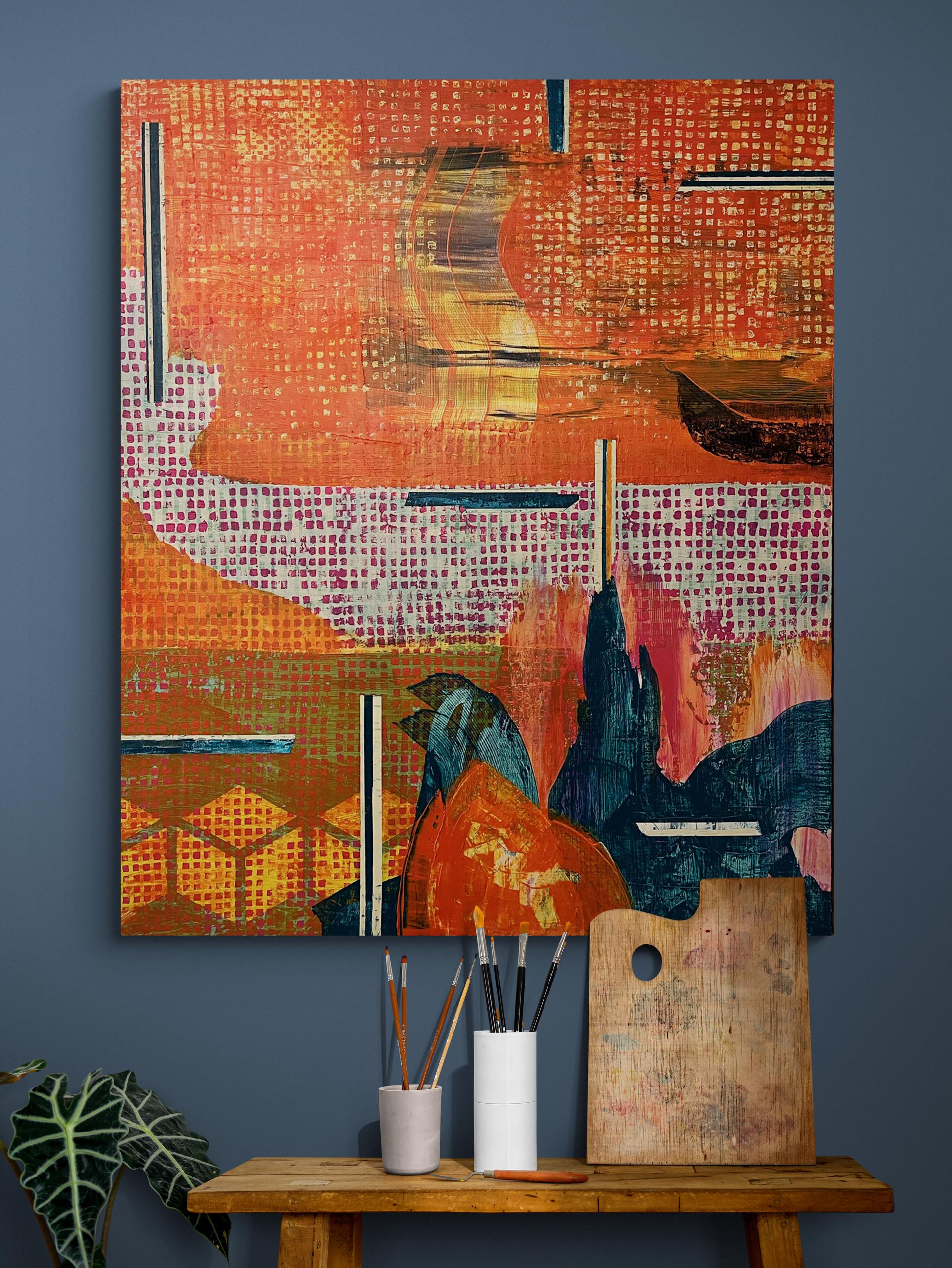 Großes abstraktes orangefarbenes Acrylgemälde auf Sperrholz „Synchronous Change“ (Zeitgenössisch), Mixed Media Art, von Dave Robertson